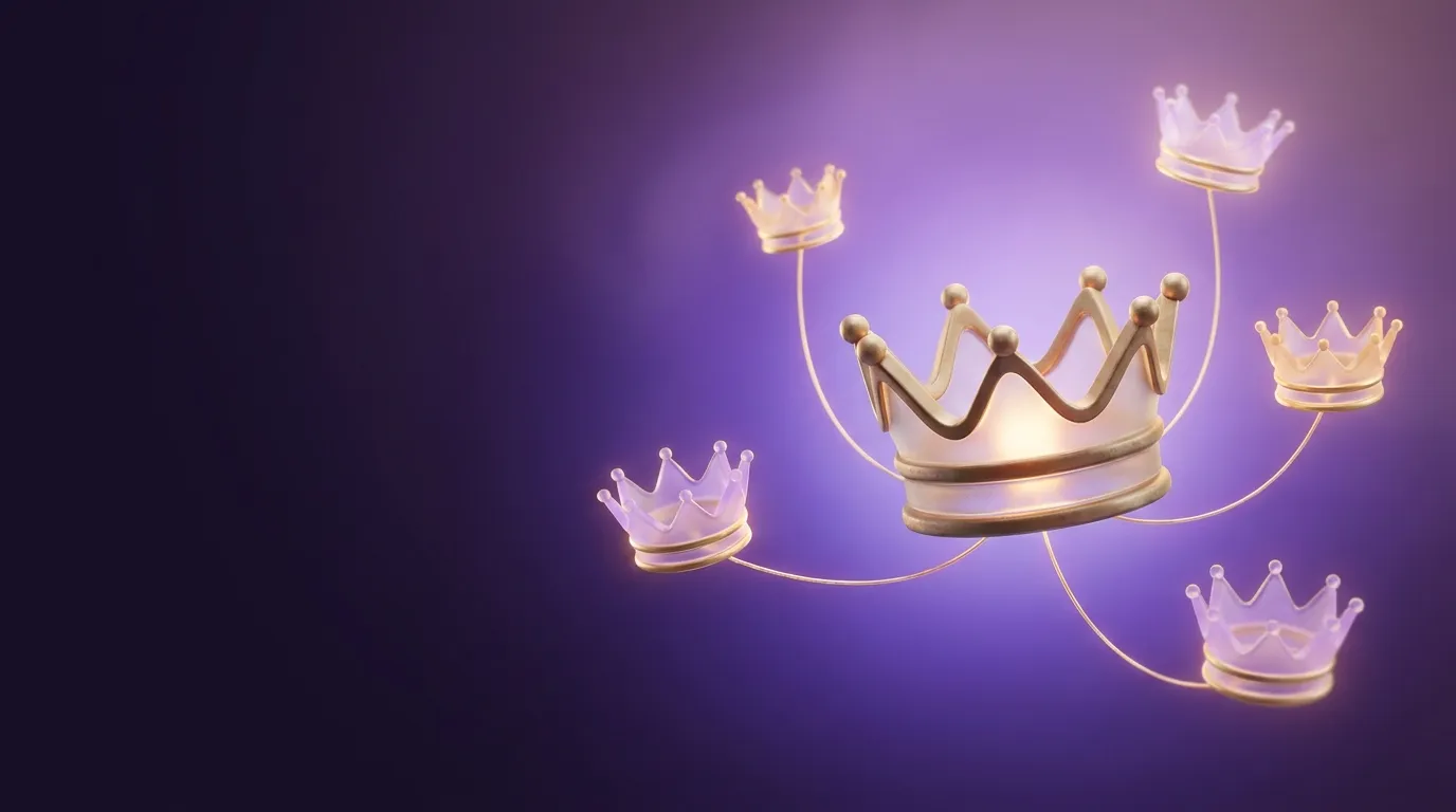 Four small crystal crowns connected by glowing gold threads to a central gold crown floating in a deep plum violet night sky