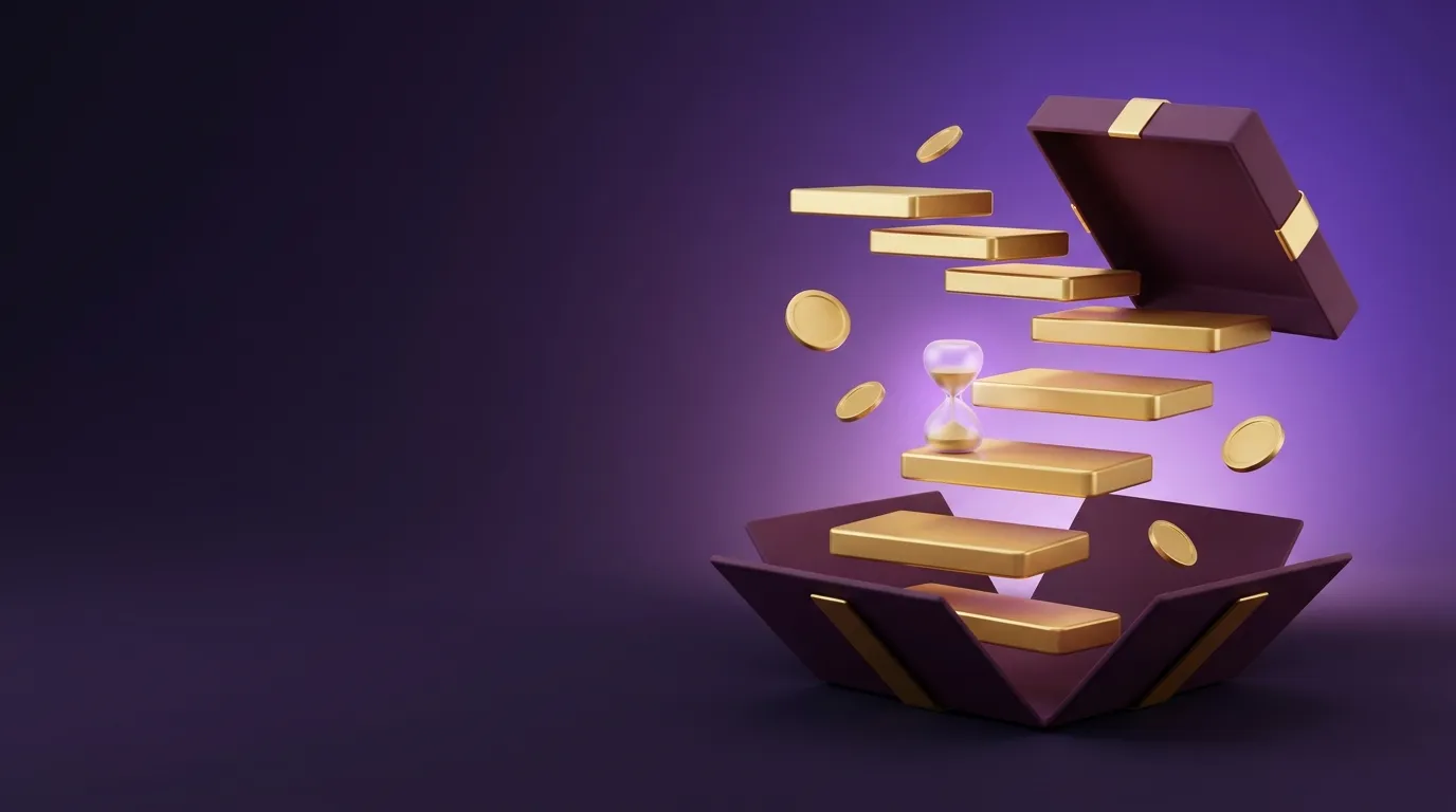 3D editorial illustration of open gift box releasing five ascending golden steps, frosted hourglass on third step, blank gold