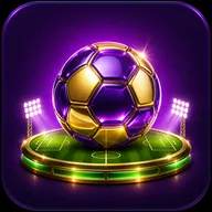 Ultra-premium glossy 3D football with violet and gold panels on a glowing green-gold pitch platform, deep plum background wit