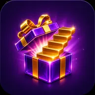 Ultra-premium 3D icon of an open glossy violet gift box with shiny gold ribbon and golden staircase steps rising from glowing