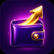 Ultra-premium 3D icon of a glossy violet leather wallet with gold clasp and glowing curved gold arrow shooting upward on deep