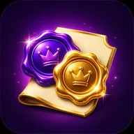 Two overlapping glossy wax seals in vivid violet and molten gold with crown stamps on a folded golden-edged document tile