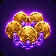 Glossy 3D icon of five shiny gold coins with geometric circuit engravings linked by a glowing violet crystal chain on deep pl