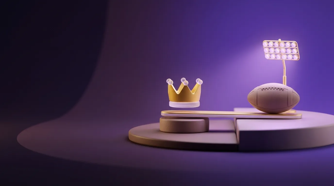 Soft 3D editorial illustration of a gold crown and matte football perfectly balanced on a golden beam, deep plum to violet ba