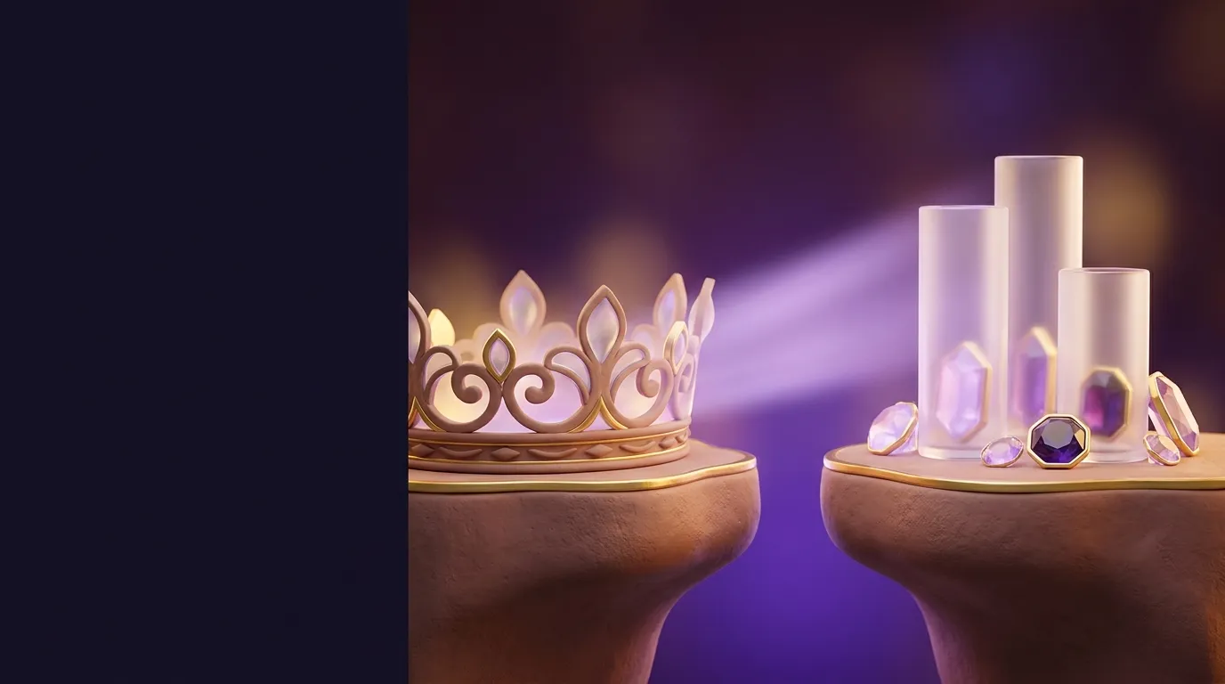 Soft 3D editorial illustration of a gold crown and frosted-glass gem cylinders on facing plinths with lilac light beam, deep 