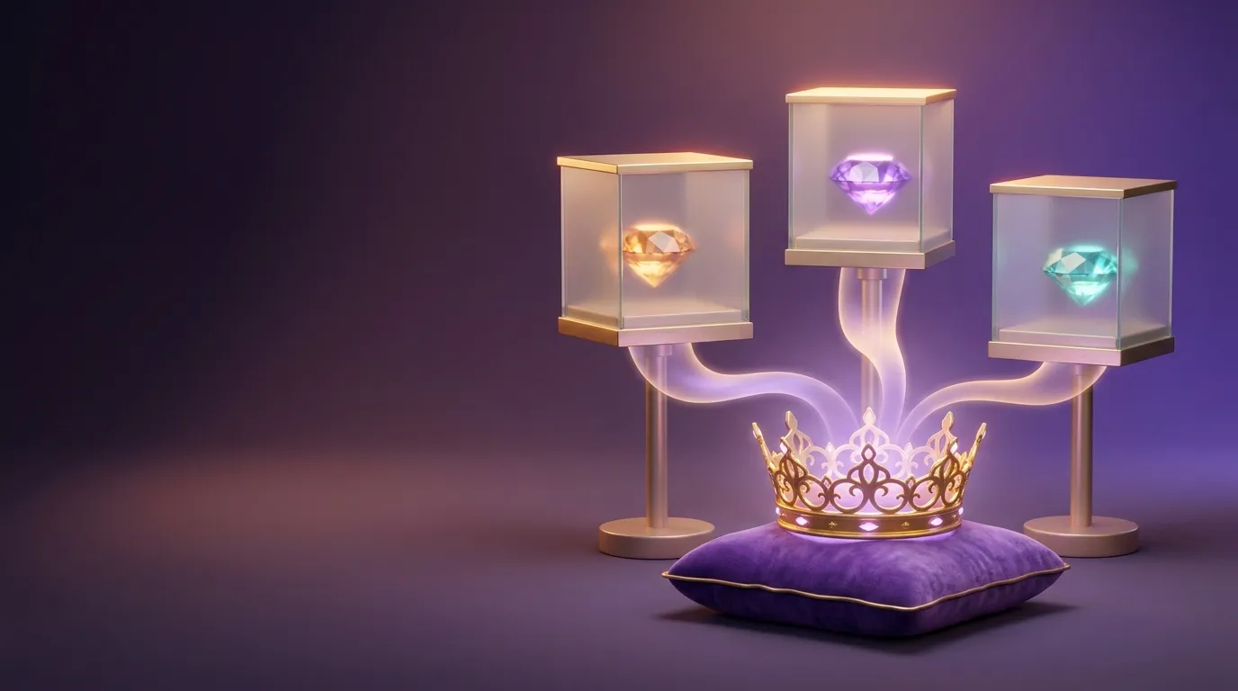 Gold crown resting on violet velvet cushion with three frosted glass pedestals holding glowing amber, violet, and teal gemsto