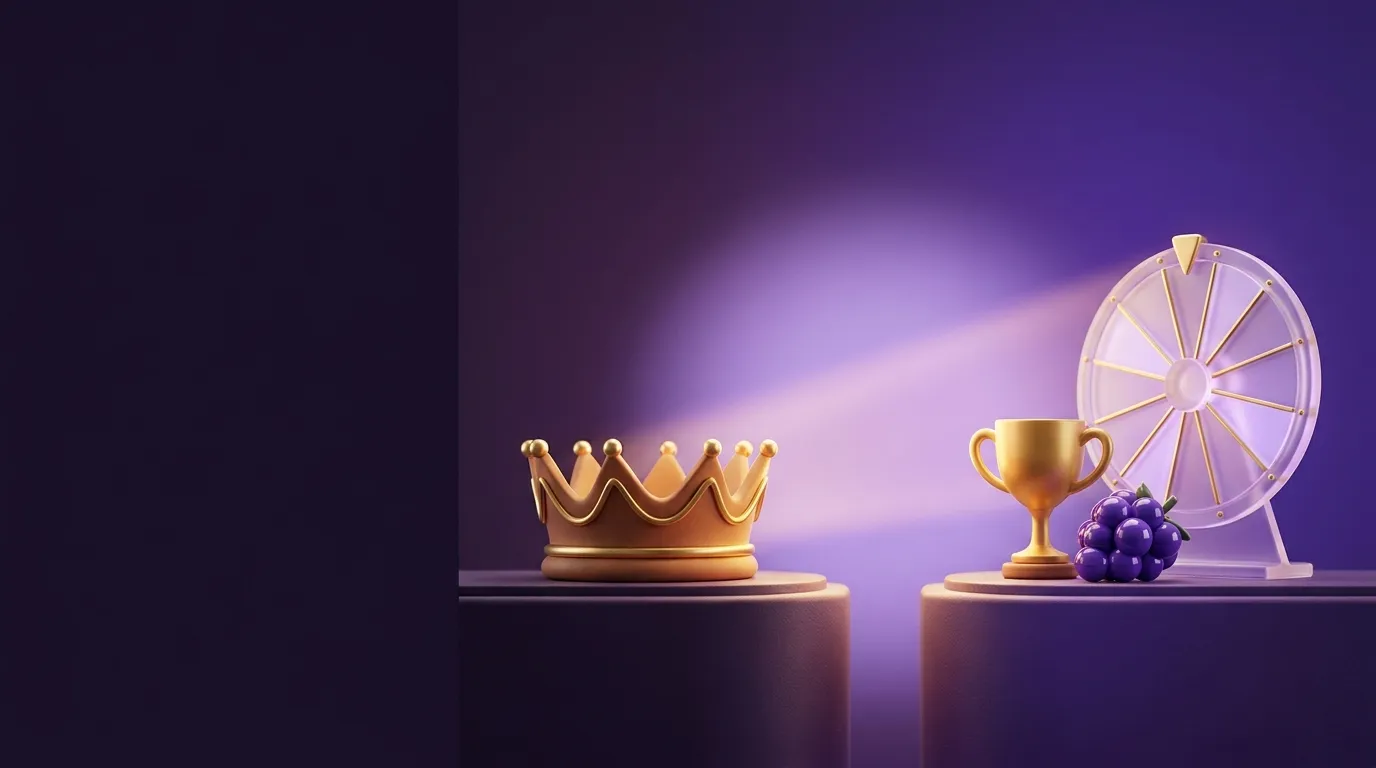 Two elegant plinths displaying a gold crown, trophy cup, violet berries, and frosted glass prize wheel in lilac studio light