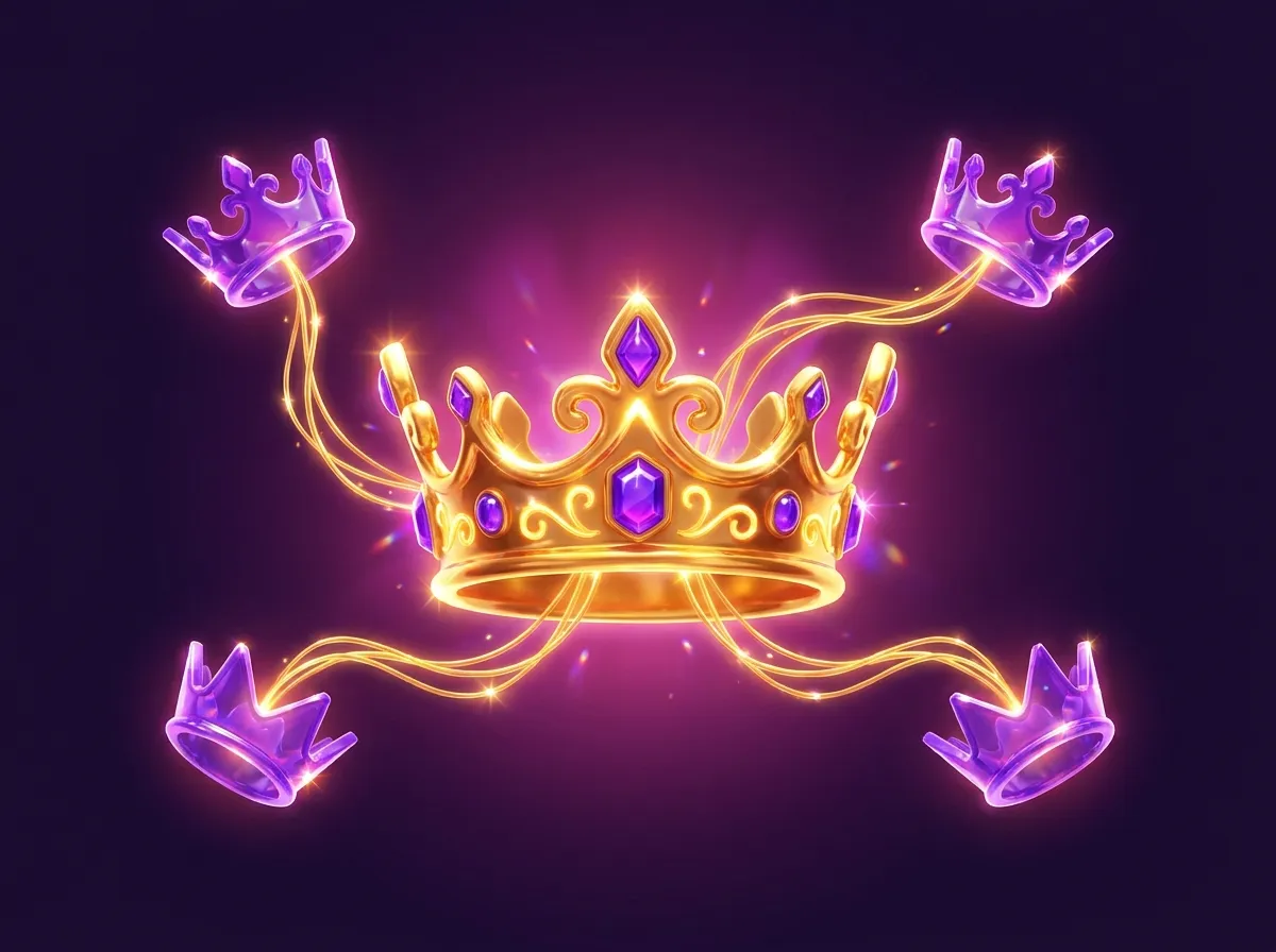 Glossy 3D illustration of a large jewelled gold crown connected by glowing golden threads to four floating violet crystal cro