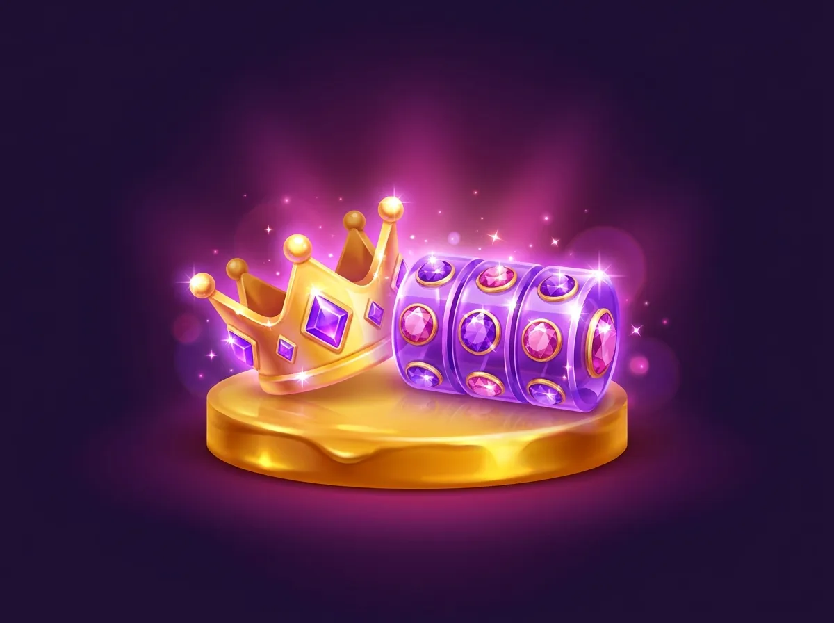 Glossy 3D illustration of a jewelled gold crown and three glowing violet crystal gem cylinders on a round golden stage agains