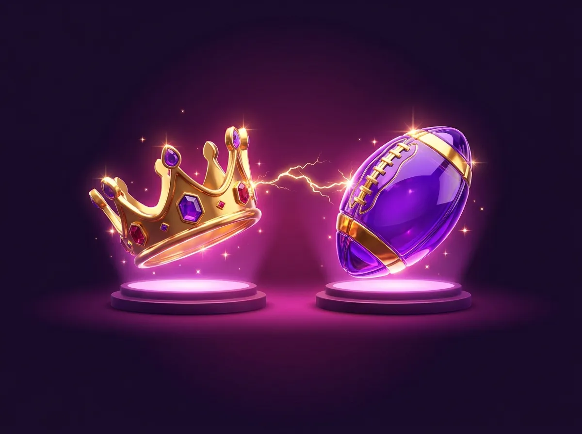 Glossy 3D illustration of a jewelled gold crown and violet football on glowing pedestals with a golden lightning spark betwee