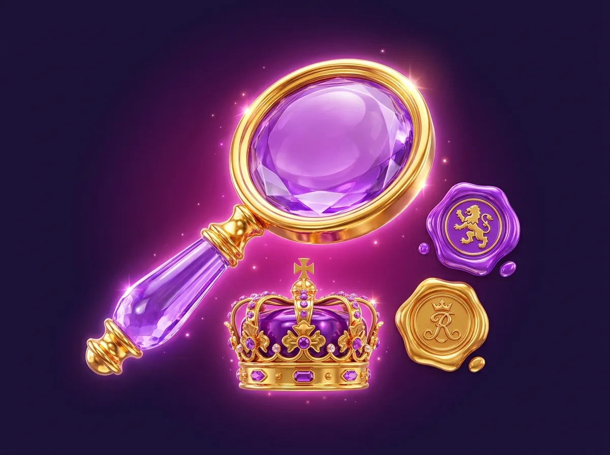 Ultra-glossy 3D golden magnifying glass inspecting a jewelled crown beside violet and gold wax seals on deep plum background