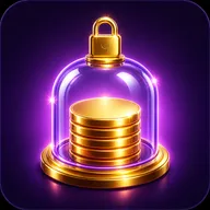 Glossy 3D icon of stacked shiny gold tokens under a glowing glass dome topped with a golden padlock on deep plum background
