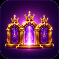 Three glossy golden arched doorways with jewelled crowns, glowing violet center arch, on a deep plum radial background