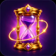 Ultra-premium glossy 3D icon of an ornate golden hourglass with glowing violet crystal sand wrapped by a luminous gold ring o