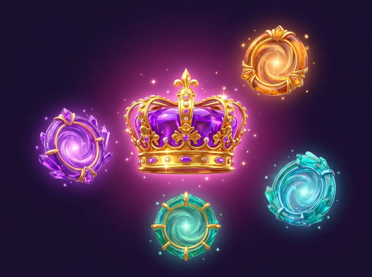Ultra-premium 3D glossy gold crown with three glowing gemstone portals in amber, violet, and teal on a deep plum background