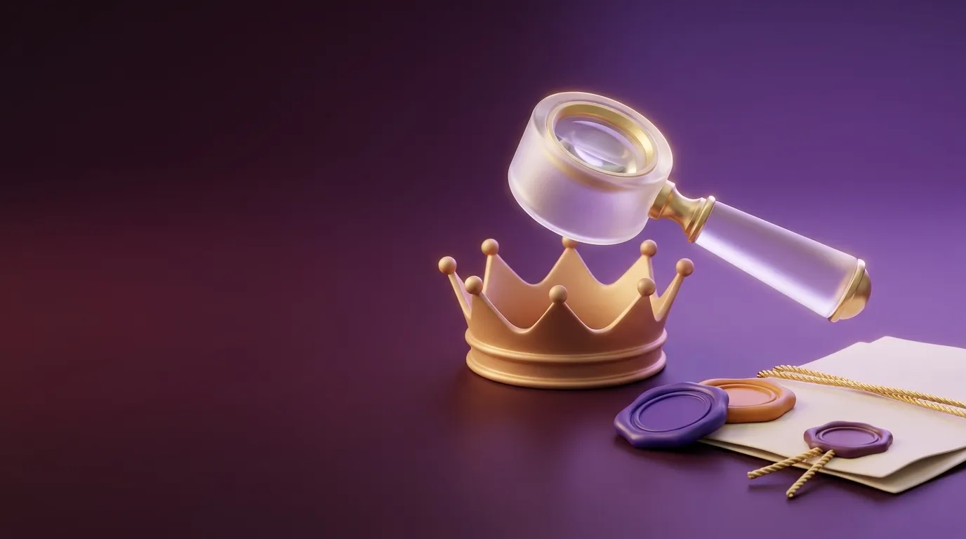 3D editorial illustration of a jeweller's loupe over a gold crown with violet and amber wax seals and a folded document tied 