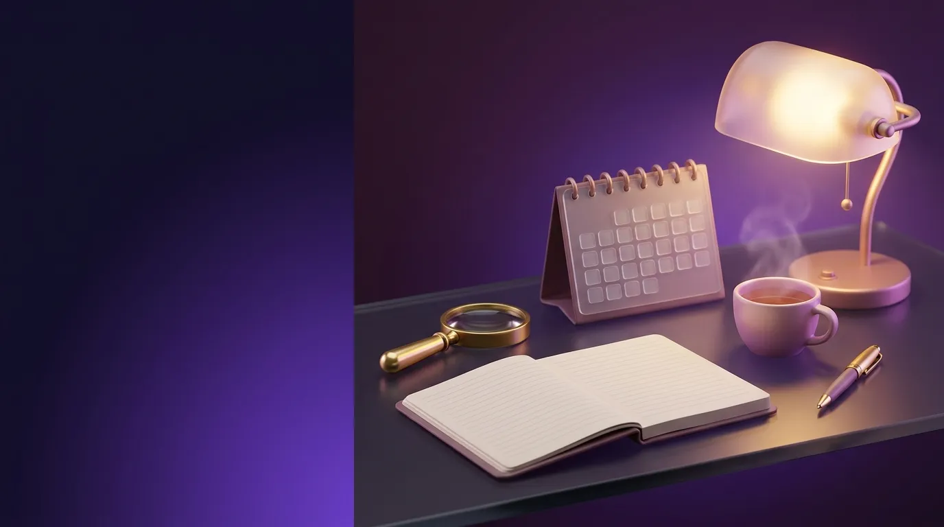 Editorial 3D illustration of a researcher's desk with open notebook, brass magnifier, desk calendar, tea cup and gold pen und