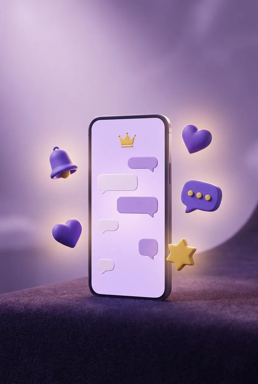 Sleek smartphone upright on plum surface with gold crown on screen, surrounded by floating clay notification bubbles in viole