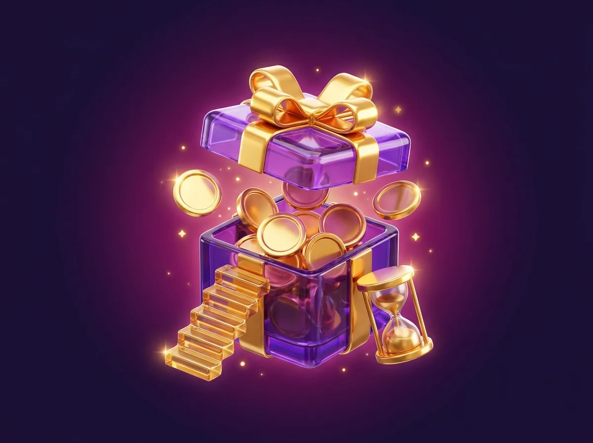 Glossy violet gift box with gold ribbon releasing burst of gold tokens, five golden steps, and small golden hourglass on deep